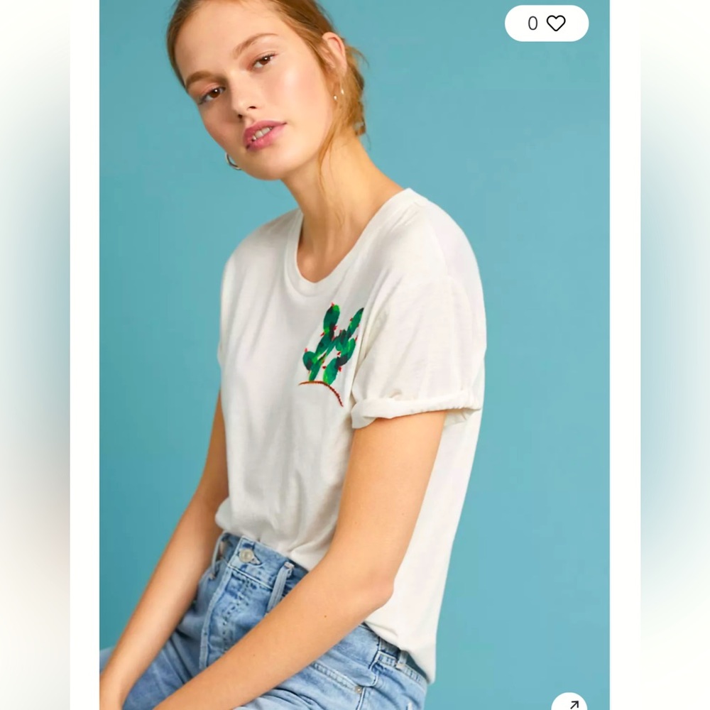 Anthropologie Tiny Cactus Embroidered Tee